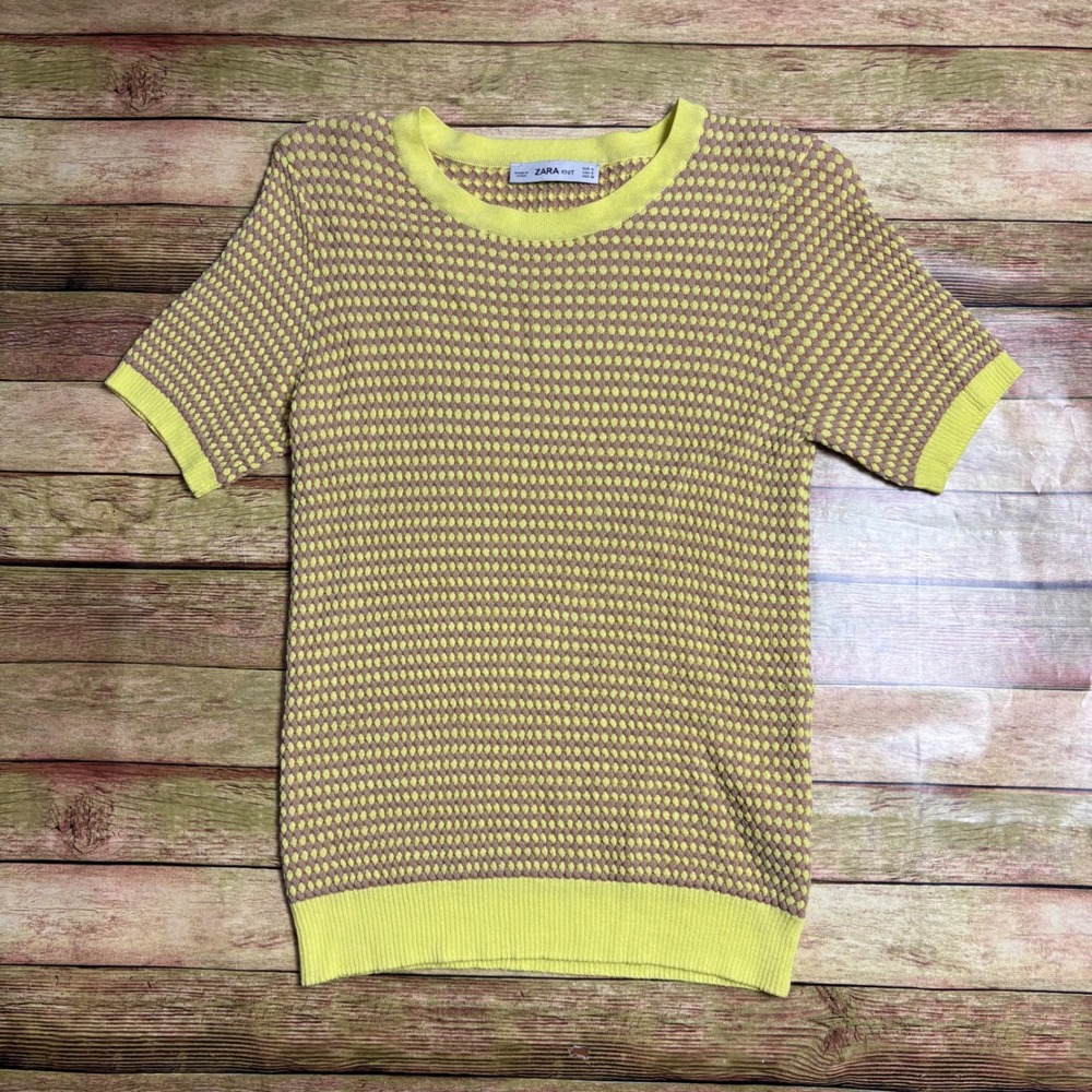 Zara Knit Womens Small Yellow Tan Textured Short Sleeve Crew Neck Sweater Top